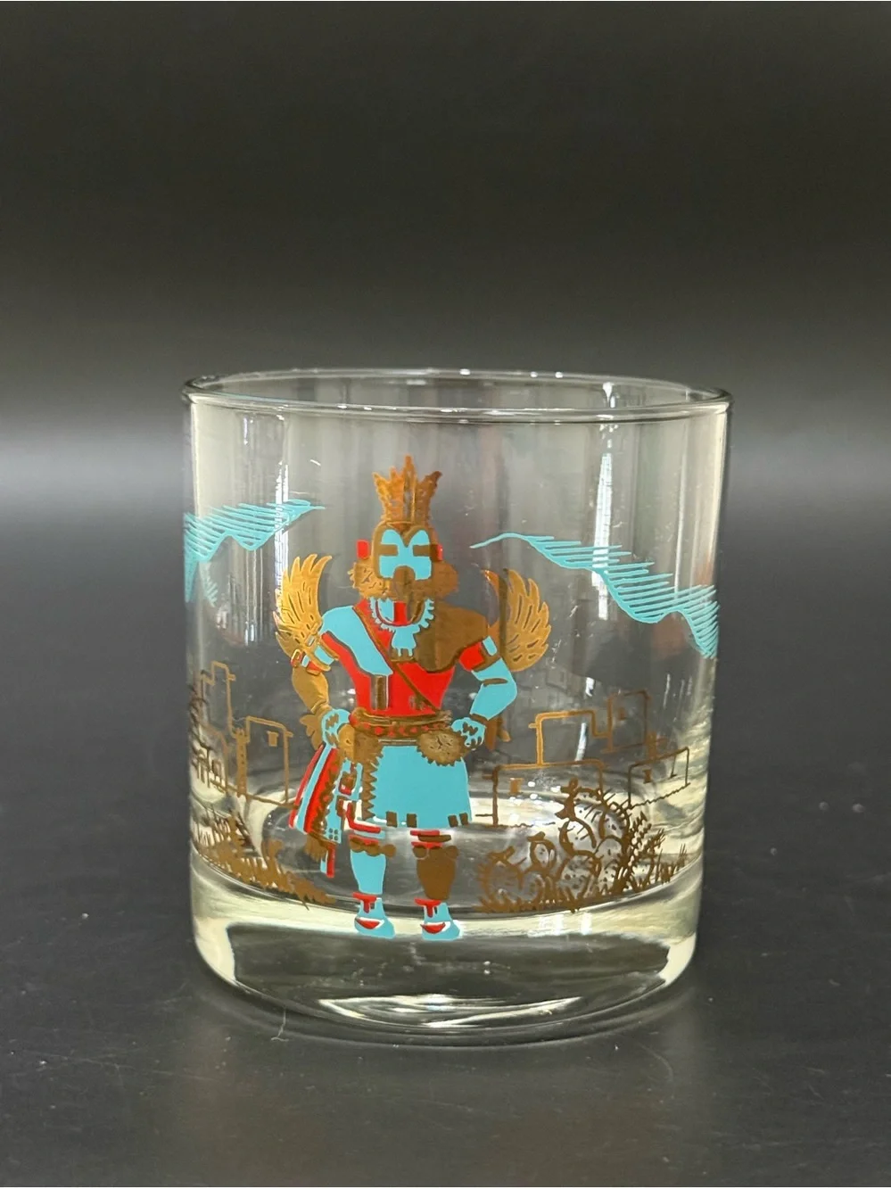 Vintage COUROC Of Monterey Hopi Kachina 22K Gold Gilt Lowball Glass